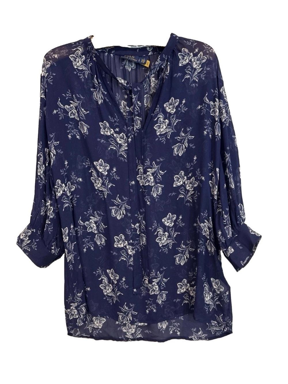 Polo by Ralph Lauren Navy Floral Tie-Neck Blouse